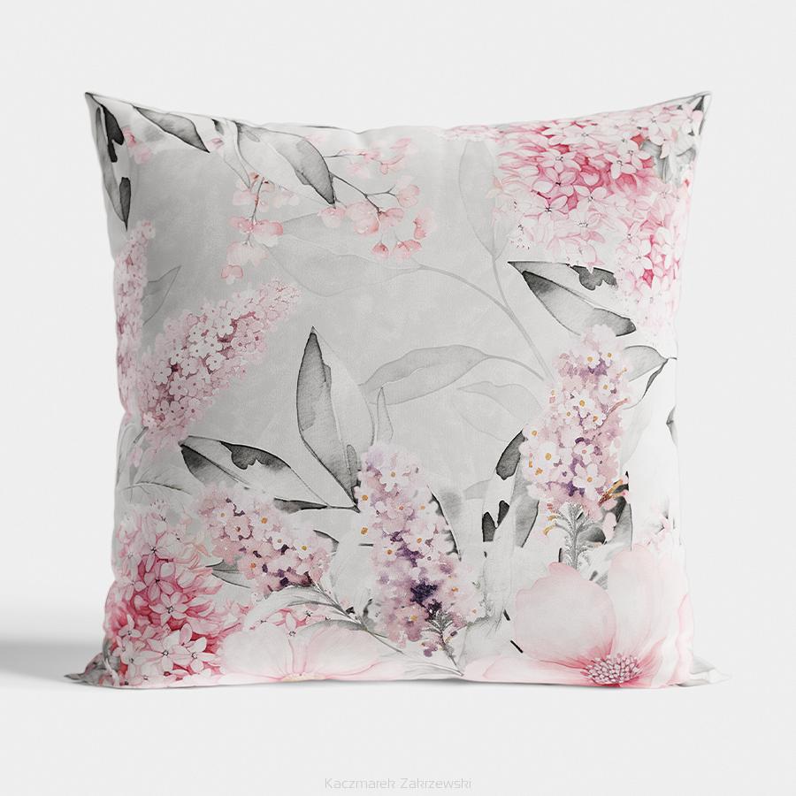Poszewka dekoracyjna AZAELA 40x40 welwetowa szara różowa kwiaty liście