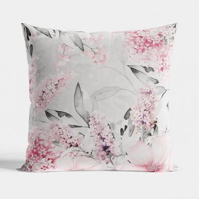 Poszewka dekoracyjna AZALEA 40x40 welwetowa szara różowa kwiaty liście