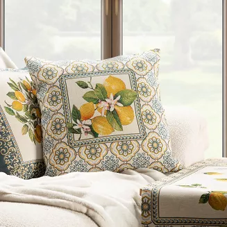 Poszewka dekoracyjna gobelin 45x45 Eurofirany naturalna żółta niebieska cytryny kwiaty