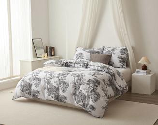 Biała Pościel Vintage z Nadrukiem Satyna Bawełniana 160x200 z Czarną Lamówką Biza