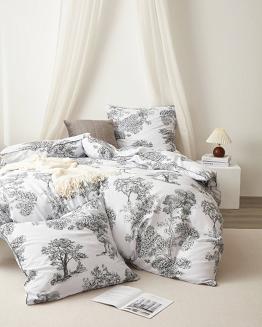 Biała Pościel Vintage z Nadrukiem Satyna Bawełniana 160x200 z Czarną Lamówką Biza