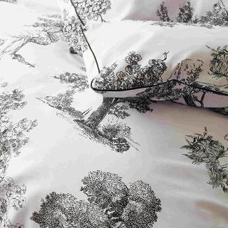 Biała Pościel Vintage z Nadrukiem Satyna Bawełniana 160x200 z Czarną Lamówką Biza