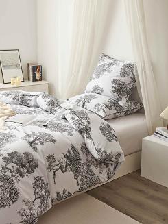 Biała Pościel Vintage z Nadrukiem Satyna Bawełniana 160x200 z Czarną Lamówką Biza