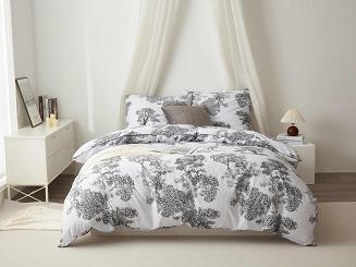 Biała Pościel Vintage z Nadrukiem Satyna Bawełniana 160x200 z Czarną Lamówką Biza