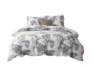 Pościel satyna bawełniana VINTAGE 160x200 biała czarna botaniczny nadruk lamówka biza