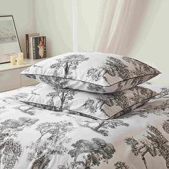 Biała Pościel Vintage z Nadrukiem Satyna Bawełniana 160x200 z Czarną Lamówką Biza