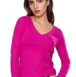 Koszulka damska z długim rękawem z prążkowanej wiskozy Eleonor amarantowa