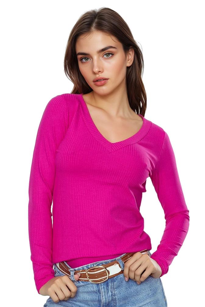 Koszulka damska z długim rękawem z prążkowanej wiskozy Eleonor amarantowa