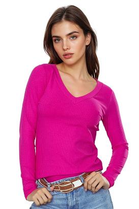 Koszulka damska z długim rękawem z prążkowanej wiskozy Eleonor amarantowa