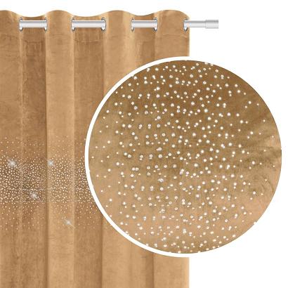 Zasłona gotowa na przelotkach Shiny 140x250 welurowa z kryształkami miodowa