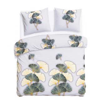 Pościel flanelowa FLANELOVE 160x200 liście miłorzębu na jasnoszarym tle