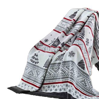 Koc bawełniano-akrylowy 150x200 świąteczny biały szary w choinki