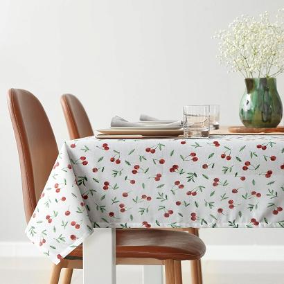 Obrus dekoracyjny wodoodporny CHERRY 140x180 Eurofirany biały w czerwone wiśnie