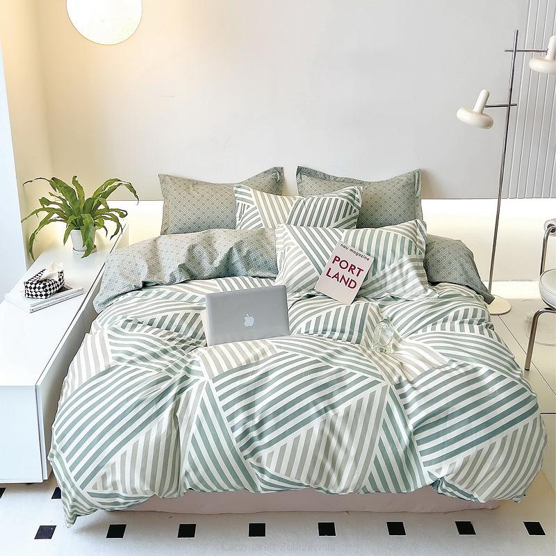 Pościel satynowa 160x200 miętowa oliwkowa wiosenna geometria skośne paski