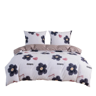 Pościel satynowa 180x200 biała beżowa grafitowe kwiaty serduszka krateczka