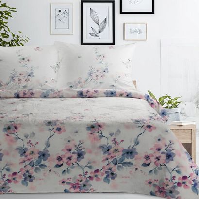 Koc narzuta FLORA 150x200 Eurofirany biały różowe niebieskie kwiaty