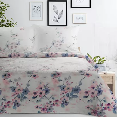 Koc narzuta FLORA 150x200 Eurofirany biały różowe niebieskie kwiaty