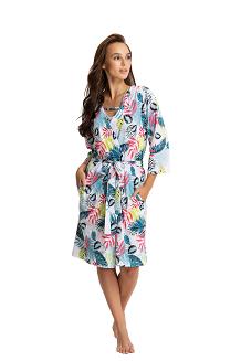 Szlafrok damski LUNA kod 369 turkusowy w egzotyczne liście