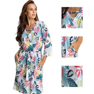 Szlafrok damski LUNA kod 369 turkusowy w egzotyczne liście