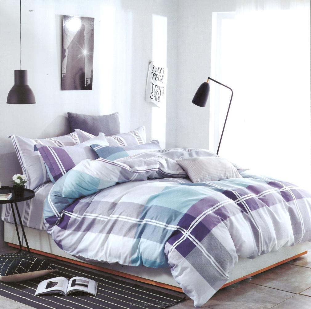 Pościel satynowa 160x200 szara niebieska fioletowa duża krata