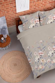 Pościel flanelowa 220x200 beżowa różowe kremowe niebieskie kwiaty