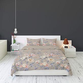 Pościel flanelowa 220x200 beżowa różowe kremowe niebieskie kwiaty