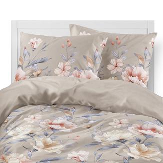 Pościel flanelowa 220x200 beżowa różowe kremowe niebieskie kwiaty