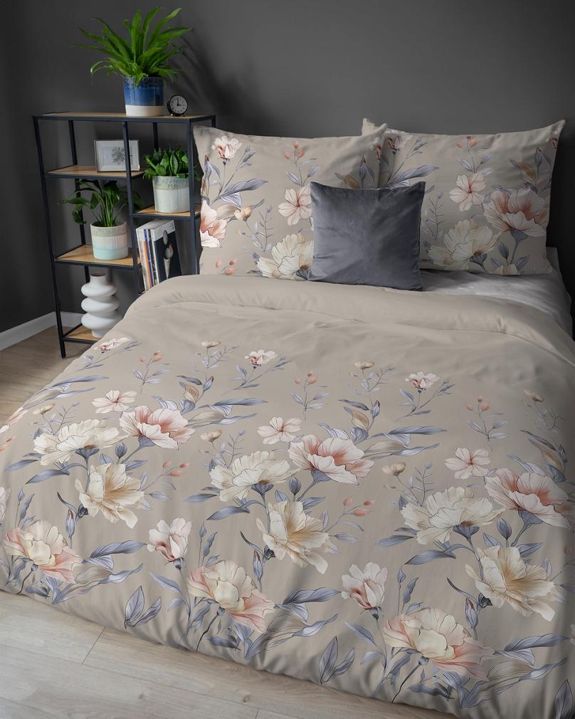 Pościel flanelowa 220x200 beżowa różowe kremowe niebieskie kwiaty