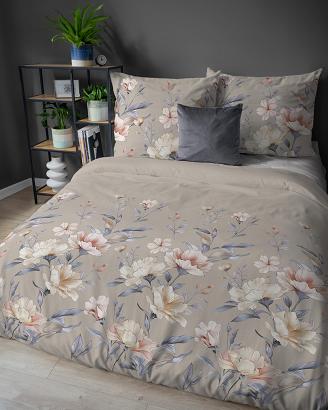 Pościel flanelowa 220x200 beżowa różowe kremowe niebieskie kwiaty