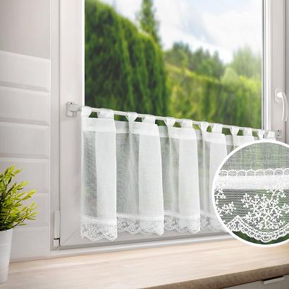 Zazdrostka firana gotowa na szelkach SUZAN 150x40 Eurofirany biała zdobiona subtelną koronką na dole