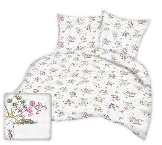 Pościel z kory 220x200 biała w różowe fioletowe polne kwiaty