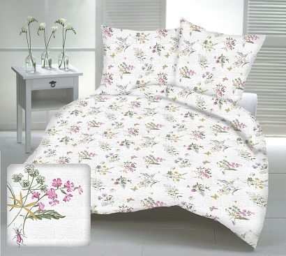 Pościel z kory 220x200 biała w różowe fioletowe polne kwiaty
