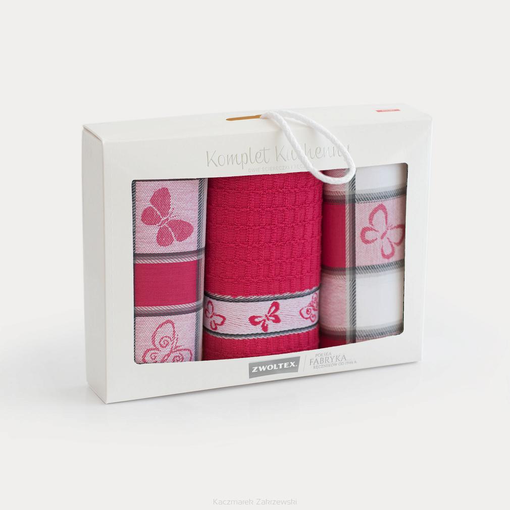 Komplet ścierek kuchennych 2+1  ZWOLTEX wzór MOTYLE malinowy