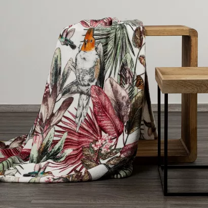 Koc narzuta PARROT 150x200 Design91 biała wielokolorowa egzotyczne liście ptaki papugi