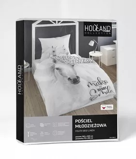 Pościel dla dzieci 160x200 młodzieżowa biała szara koń