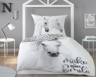 Pościel dla dzieci 160x200 młodzieżowa biała szara koń