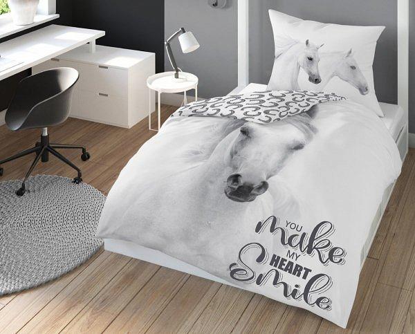 Pościel dla dzieci 160x200 młodzieżowa biała szara koń