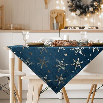 Obrus świąteczny 85x85 Eurofirany welwetowy granatowy w złociste śnieżynki