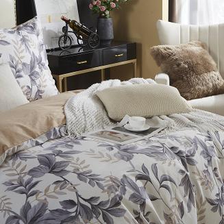 Ecru Pościel w Liście Satyna Bawełniana 160x200 Y013