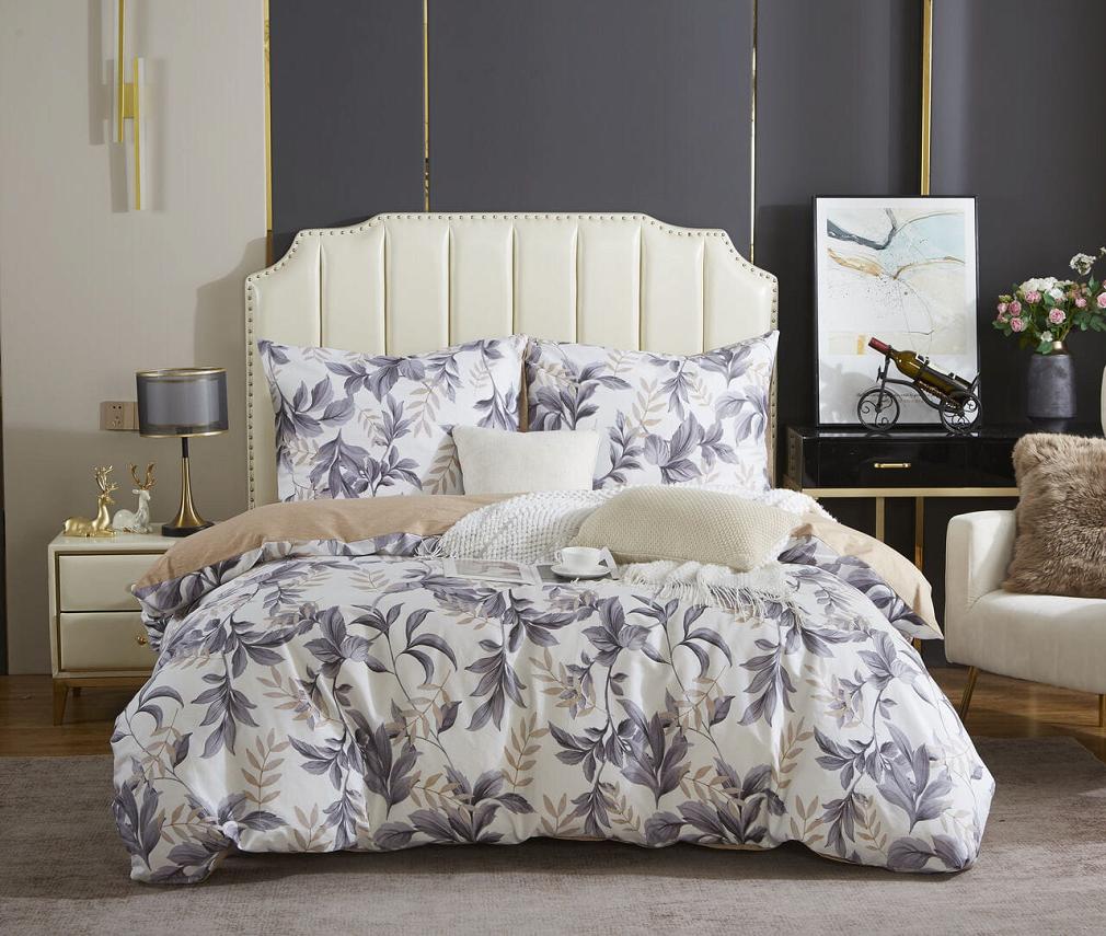 Ecru Pościel w Liście Satyna Bawełniana 160x200 Y013