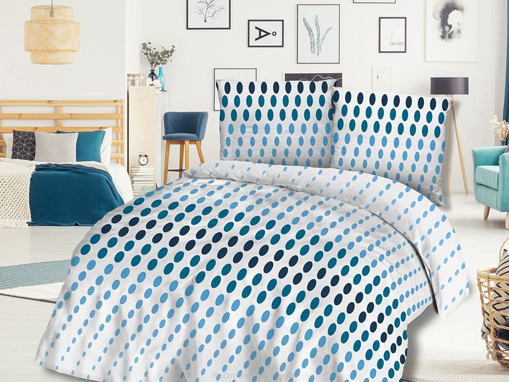 Pościel bawełniana 220x200 COTTONLOVE biała niebieskie kropki