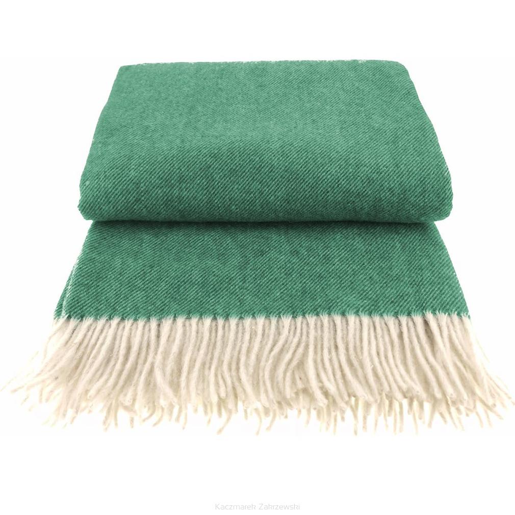 Koc wełniany z frędzlami 160x200 diagonalny szmaragdowy