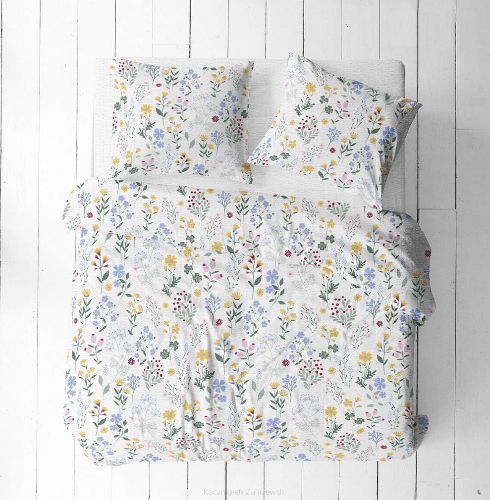 Pościel z kory 220x200 biała żółta niebieska letnia łąka