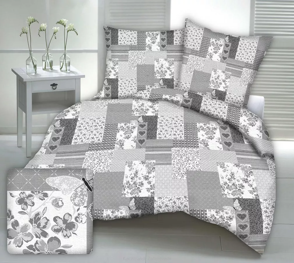 Pościel satyna korowana 160x200 szara patchwork serca motyle kwiaty