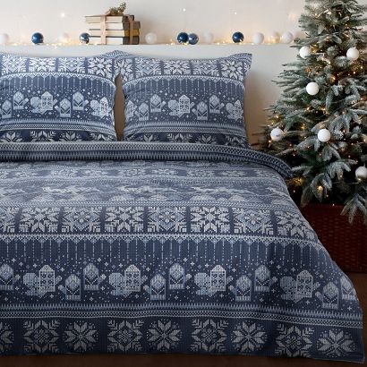 Komplet pościeli świąteczny FJORD 220x200 Eurofirany flanela granatowy biały wzór skandynawski renifery śnieżynki