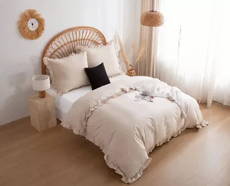 Pościel satyna bawełniana 160x200 Ruffy Premium jasnobeżowa z falbanką