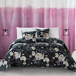 Narzuta dekoracyjna PEONY 240x260 pikowana czarna w kwiaty