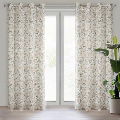 Zasłona gotowa na przelotkach AMARA 140x250 Eurofirany naturalna oliwkowa motyw botaniczny kwiaty