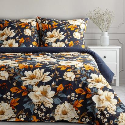 Pościel bawełniana FIORA 220x200 Eurofirany granatowa pomarańczowa duże kwiaty