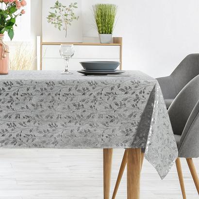 Obrus dekoracyjny SIMONA 140x220 Eurofirany srebrny botaniczny nadruk gałązki